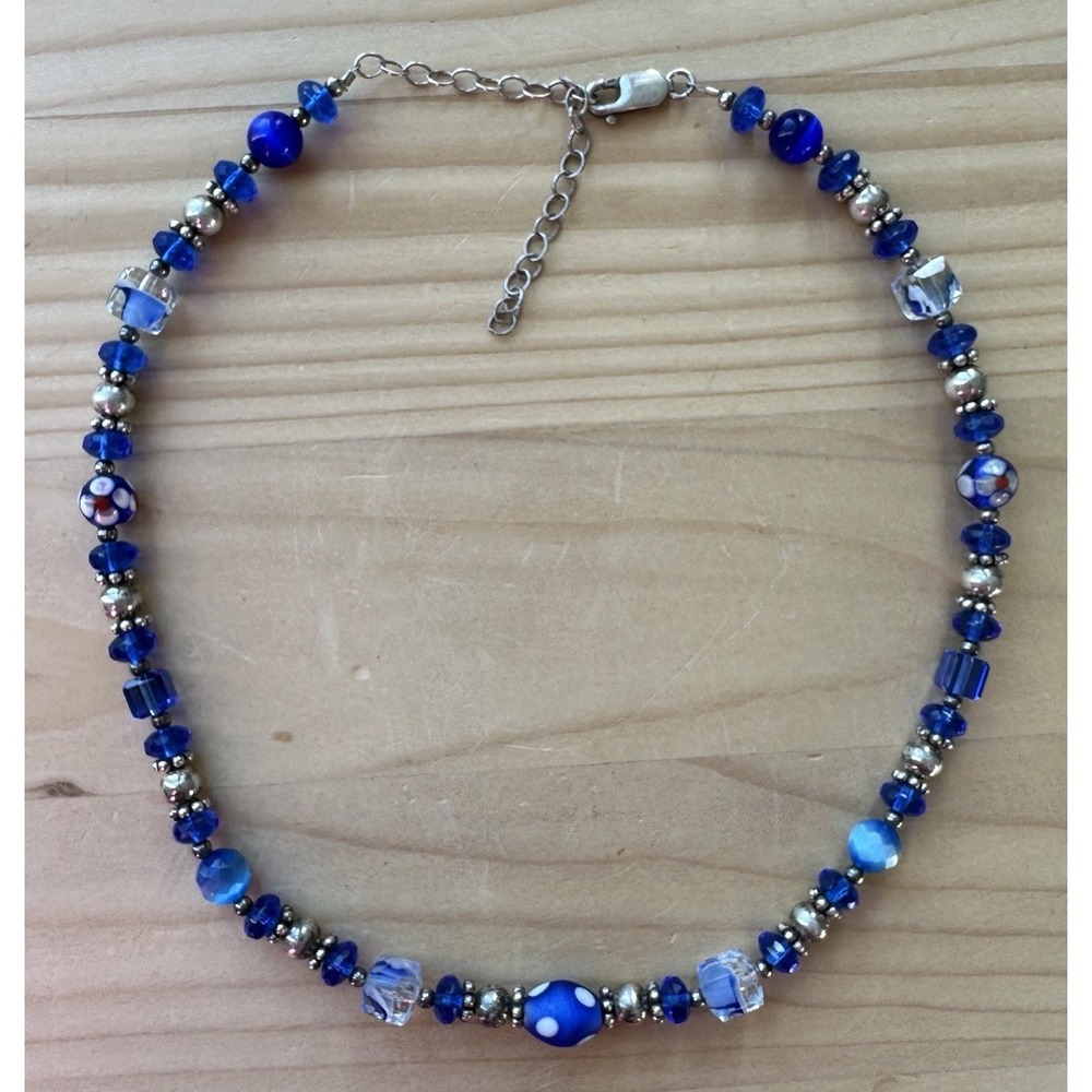 VTG Artisan Beaded Necklace 19" Cobalt Blue Art‎ Glass 925 Sterling Silver 29.4g